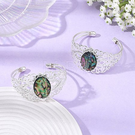 Oval Natural Paua Shell Brass Hollow Floral Cuff Bangles for Women BJEW-JB14503-02-1