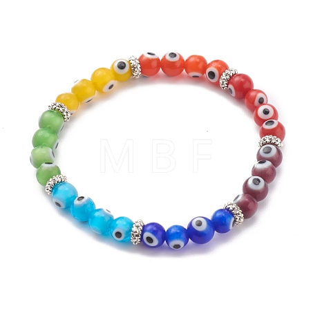 Rainbow Round Evil Eye Lampwork Stretch Beaded Bracelets for Kids BJEW-JB05940-1
