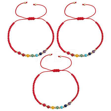 3Pcs Adjustable Chakra Natural & Synthetic Mixed Stone Round Bead Braided Bracelet Sets ZZ4943-1-1