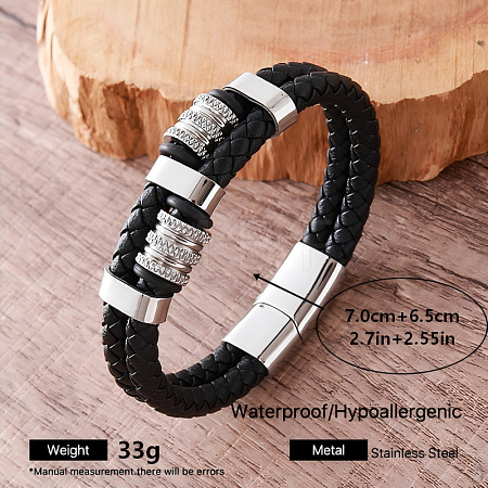 Vintage 304 Stainless Steel Braided PU Leather 2-Strand Bracelets with Magnetic Clasps for Men AW4571-3-1