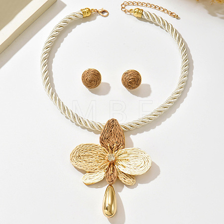 Iron Rhinestone & Raffia Flower Statement Necklace & Earrings Set WGE3BC3-03-1