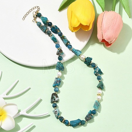 Round Natural Apatite & Nuggets Chrysocolla & Potato Pearl Beaded Necklaces NJEW-JN06592-1