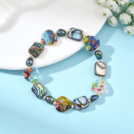 Handmade Millefiori Lampwork Heart & Dyed Rice Natural Pearl & Rectangle Paua Shell Beaded Stretch Bracelets BJEW-JB14296-1