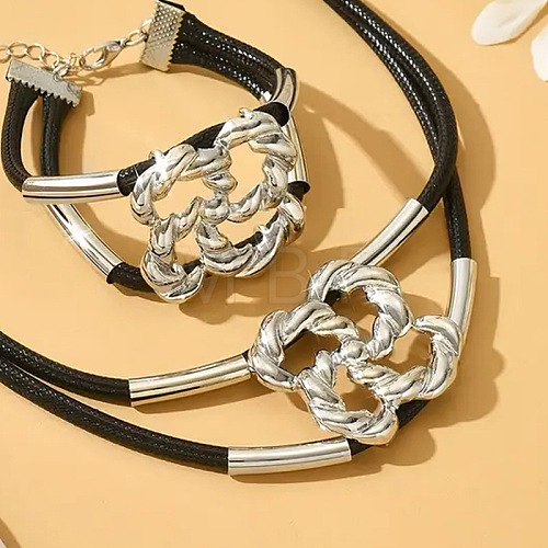 Flower Alloy & Wax Cord Double Layer Necklaces & Bracelets Sets for Women WG9D397-02-1