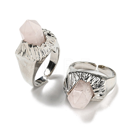 Hexagonal Prism Natural Rose Quartz Open Cuff Rings RJEW-B106-01P-02-1