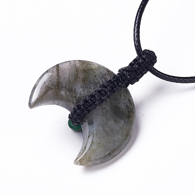 Adjustable Natural & Synthetic Mixed Gemstone Double Horn Pendant Necklace with Wax Cord for Women NJEW-B086-01-1