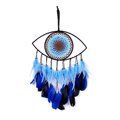 Handmade Evil Eye Woven Net/Web with Feather Wall Hanging Decoration HJEW-K035-07-1