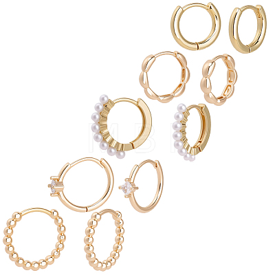 10Pcs 5 Styles Rack Plating Brass Beaded Huggie Hoop Earrings for Women KK-SC0008-04-1