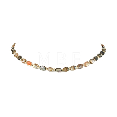 Natural Paua Shell Oval Beaded Necklaces with Brass End Chains for Men Women NJEW-JN06043-1