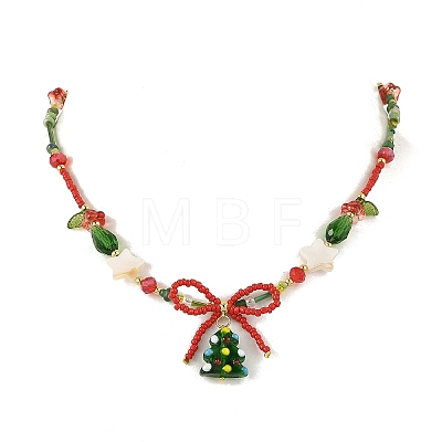Brass Handmade Lampwork Christmas Tree Pendant Glass Beaded Necklaces NJEW-TA00275-1