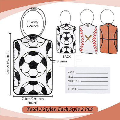 6Pcs Soccer Basketball Baseball PU Leather Luggage Tags with Metal Loops AJEW-GA0011-21-1