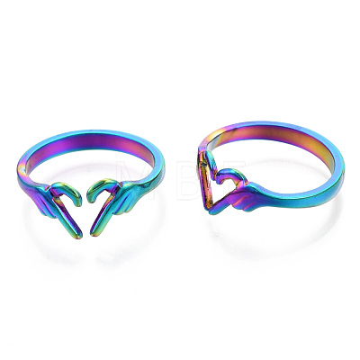 304 Stainless Steel Hand Heart Cuff Rings RJEW-N038-121M-1