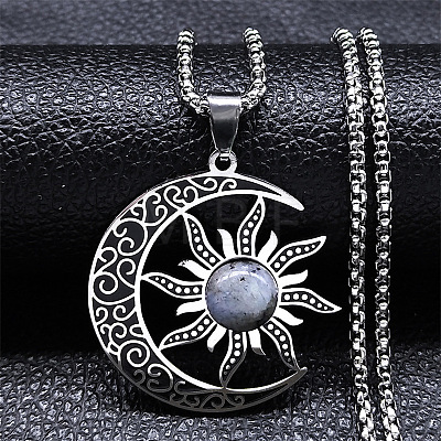 Gothic Moon Sun 201 Stainless Steel Pave Natural Labradorite Pendant Necklaces for Women FS-WG56BEB-04-1