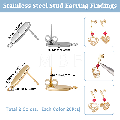 40Pcs 2 Colors 201 Stainless Steel Oval Stud Earring Findings STAS-SC0021-23-1