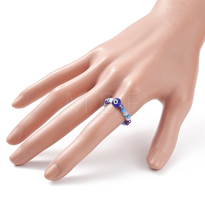 Lampwork Evil Eye & Glass Beaded Stretch Finger Ring for Women RJEW-JR00483-02-1