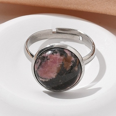 Half Round Natural Rhodonite Finger Rings RJEW-M062-01P-07-1