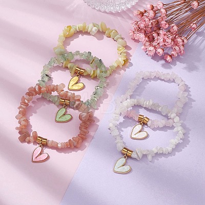 Valentine's Day Theme Alloy and Acrylic Natural Rainbow Moonstone/ Lemon Jade/Prehnite/ Rose Quartz/Sunstone Chip Gemstone Stretch Bracelet with Heart Charm BJEW-JB09579-1