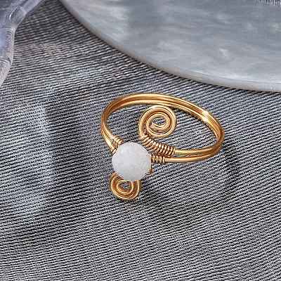 Copper Wire Wrapped Round Natural Aquamarine Bead Finger Rings for Women RJEW-JR00808-02-1