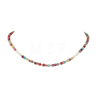Natural Agate(Dyed & Heated) Faceted Round & White Round Shell Pearl Beaded Necklaces NJEW-JN06548-1
