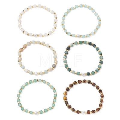 Natural Gemnstone & Brass & Shell Pearl Beaded Stretch Bracelets for Women BJEW-JB13499-1