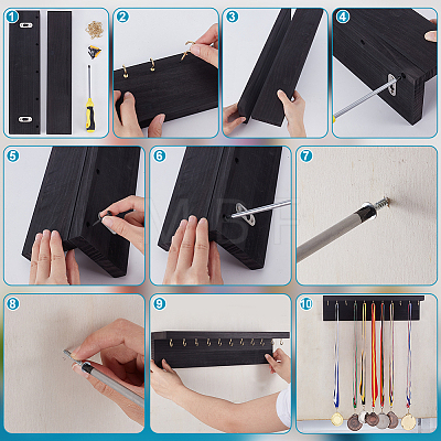 Rectangle Pine Wood Wall Mounted Jewelry Display Stands with 24Pcs Golden Tone Metal Hooks ODIS-WH0038-271-1