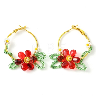 Woven Glass Flower Huggie Hoop Earring EJEW-MZ00235-02-1