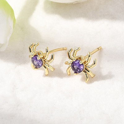 Spider Brass Micro Pave Cubic Zirconia Stud Earrings EJEW-L306-04G-01-1