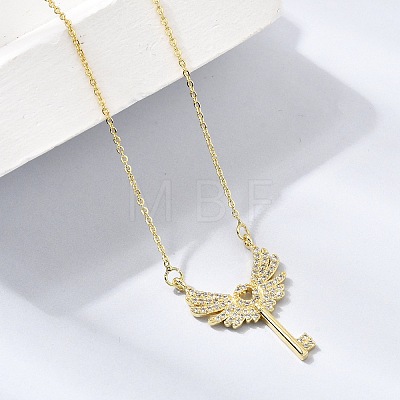 Brass Micro Pave Clear Cubic Zirconia Winged Key Pendant Necklaces CU-CBABA66-13G-1