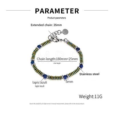 Round Natural Lapis Lazuli and 304 Stianless Steel Beaded Bracelets for Men Women EV7041-1-1