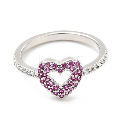 Rack Plating Brass Micro Pave Camellia & Crystal Cubic Zirconia Heart Rings RJEW-E064-15P-1