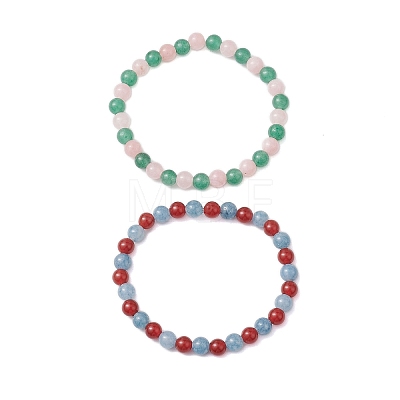 2Pcs 2 Styles 6.5mm Natural Green Aventurine & Dyed White Jade & Quartz & Carnelian Round Beaded Stretch Bracelet Sets BJEW-JB10802-1