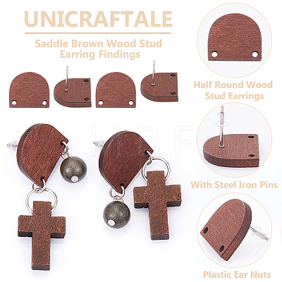 Unicraftale 30Pcs Half Round Wood Stud Earring Findings WOOD-UN0001-04-1