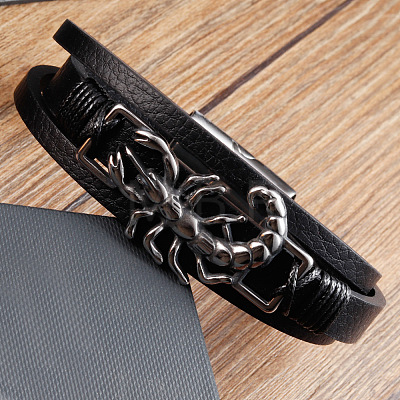 Black Imitation Leather & 316L Stainless Steel Centipede Multi-strand Bracelets with Magnetic Clasps for Men WG416ED-01-1