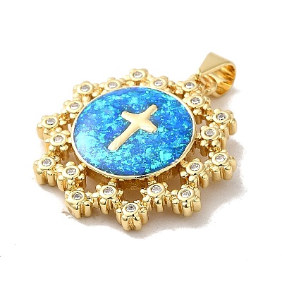 Rack Plating Brass Micro Pave Cubic Zirconia with Synthetic Opal Pendants KK-D088-05G-1