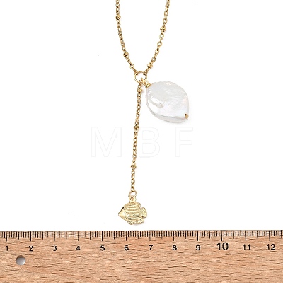Summer Natural Baroque Keshi Pearl & 304 Stainless Steel Sea Animal Pendant Satellite Chain Y Lariat Necklaces NJEW-JN06049-04-1