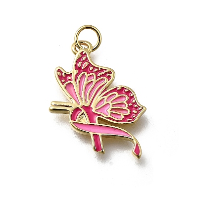 October Breast Cancer Pink Awareness Ribbon Brass Enamel Pendants KK-G525-10G-07-1