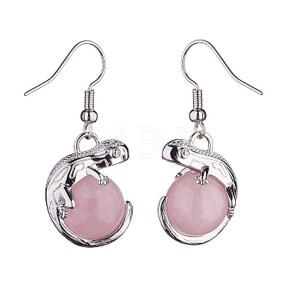 Natural Rose Quartz Chameleon Dangle Earrings with Crystal Rhinestone EJEW-A092-10P-18-1