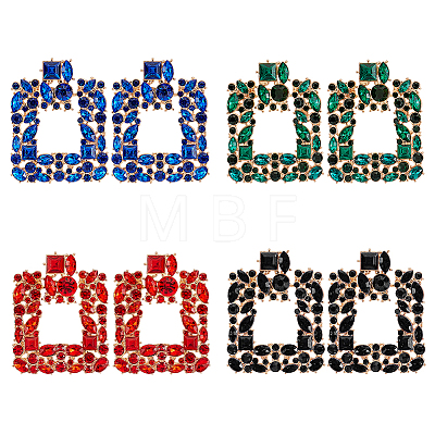 4 Pairs 4 Colors Rhinestone Hollow Square Dangle Stud Earrings EJEW-AN0004-37-1