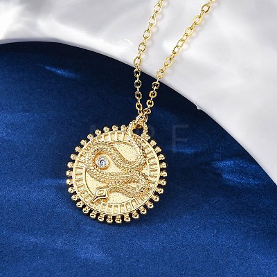 Brass Micro Pave Clear Cubic Zirconia Flat Round with Snake Pendant Necklaces NJEW-S438-02A-G-1