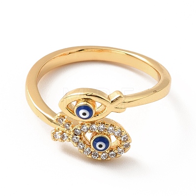 Cubic Zirconia Jesus Fish with Evil Eye Open Cuff Ring with Enamel RJEW-H101-35G-1
