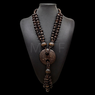 Boho Coconut & Wood Handmade Ethnic Donut Pendant Long Tassel Beaded Necklaces for Beach Vacation WGD9A0D-01-1