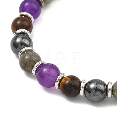 Adjustable Natural Labradorite and Tiger Eye and Non-Magnetic Synthetic Hematite Round Braided Bead Bracelets for Womne BJEW-JB13590-1