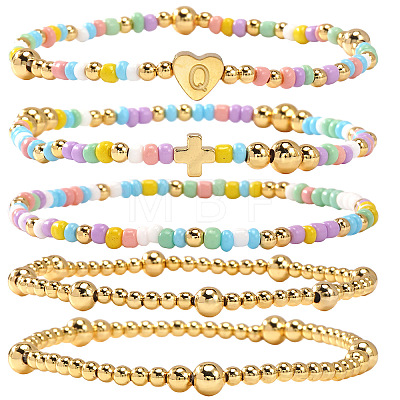 Summer Stainless Steel Heart Alphabet Colorful Glass Seed Beaded Stretch Bracelet Sets JV8929-17-1