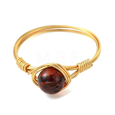 Copper Wired Natural Amber Finger Rings for Women RJEW-JR01052-02-1