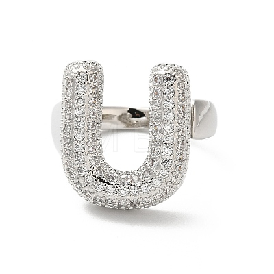 Letter Brass Micro Pave Clear Cubic Zirconia Open Cuff Ring for Women RJEW-N046-03U-P-1