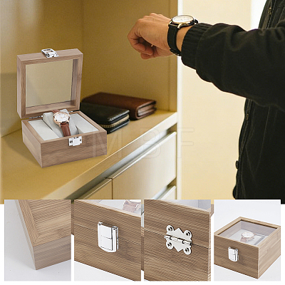 Wooden Single Watch Display Cases with Glass Window Lid and Velvet Pillow Inside CON-WH0043-306C-1