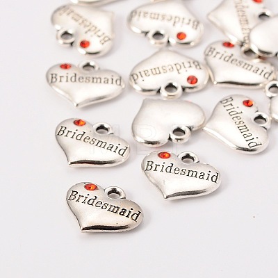 Wedding Theme Antique Silver Tone Tibetan Style Heart with Bridesmaid Rhinestone Charms TIBEP-N005-04B-1