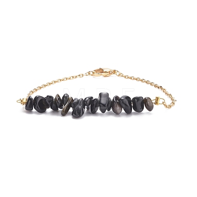 2Pcs 2 Color Natural Obsidian Chip Beaded Link Bracelets Set with 304 Stainless Steel Cable Chains BJEW-JB07914-01-1