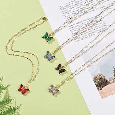 5Pcs 5 Color Glass Butterfly Pendant Necklaces Set with 304 Stainless Steel Satellite Chains for Women NJEW-JN04146-1