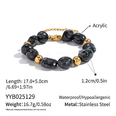 Vintage Stainless Steel & Black Acrylic Nuggets Beaded Bracelets for Women BF0589-3-1